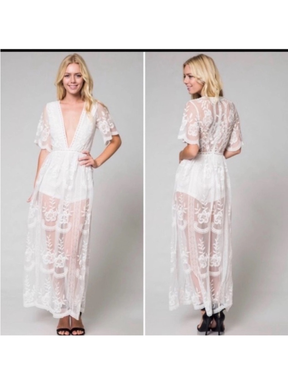 Socialite Cream V-Neck Flutter
Sleeve Lace Dress with lining  size:S